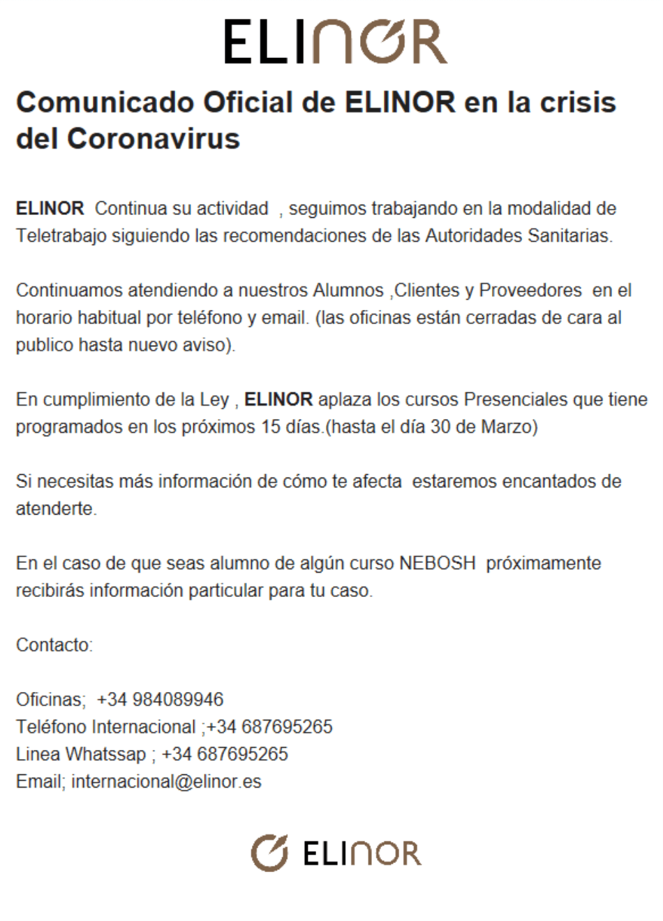 Comunicado oficial de ELINOR en la crisis de el Coronavirus